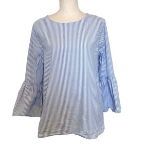 GIBSON Blouse Women's Size Medium Blue White Striped Bell Ruffled Sleeve Poplin